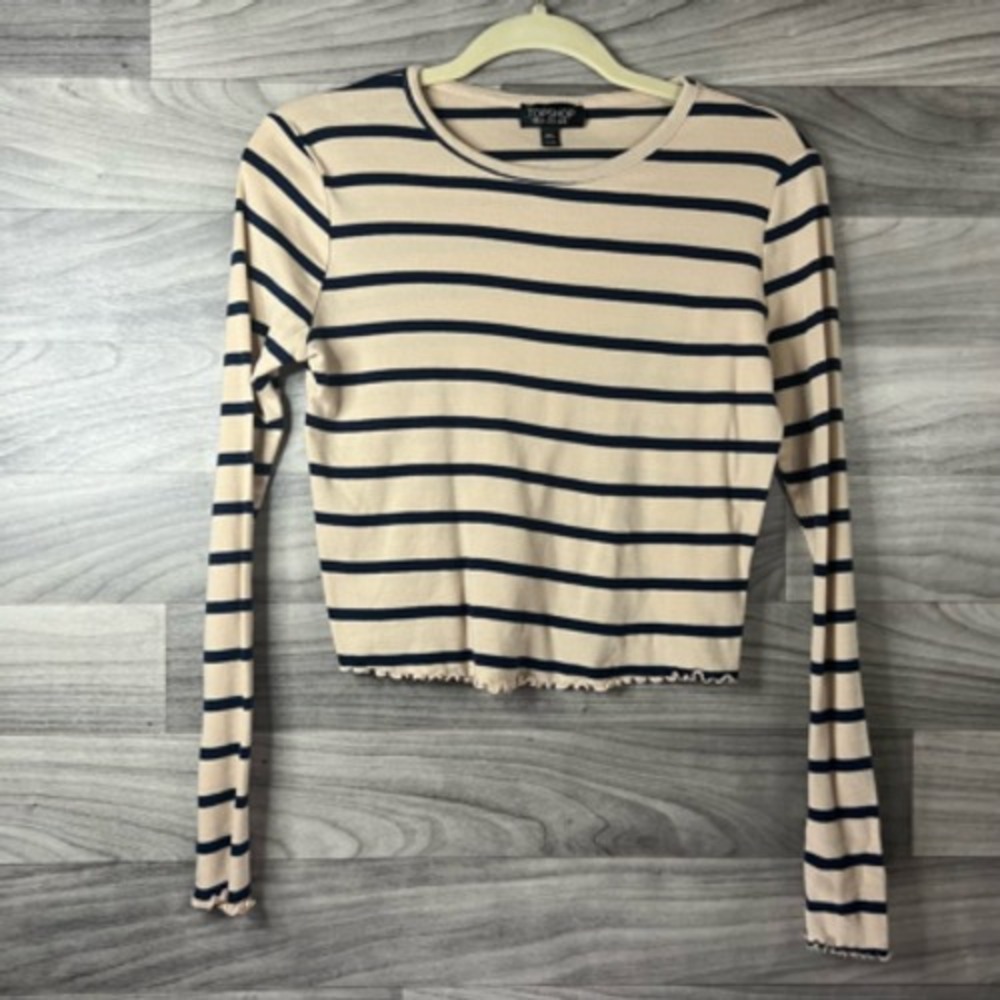 Topshop Womens Crop Top Beige Striped Long Sleeve Scoop Neck Lettuce Edge 8 - Picture 7 of 12